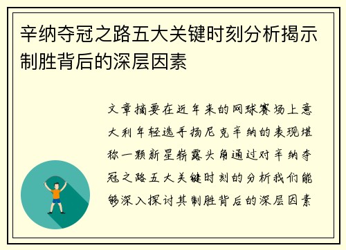 辛纳夺冠之路五大关键时刻分析揭示制胜背后的深层因素