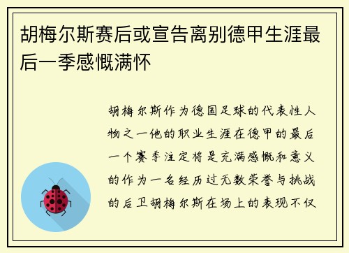 胡梅尔斯赛后或宣告离别德甲生涯最后一季感慨满怀 胡梅尔斯赛后或宣告离别德甲生涯最后一季感慨满怀