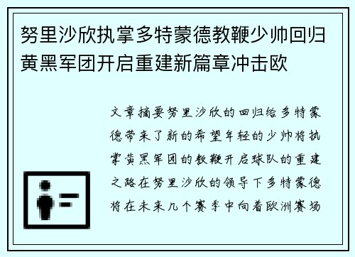 努里沙欣执掌多特蒙德教鞭少帅回归黄黑军团开启重建新篇章冲击欧
