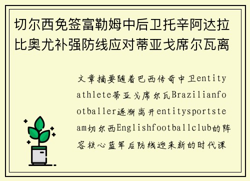 切尔西免签富勒姆中后卫托辛阿达拉比奥尤补强防线应对蒂亚戈席尔瓦离队