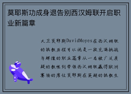 莫耶斯功成身退告别西汉姆联开启职业新篇章