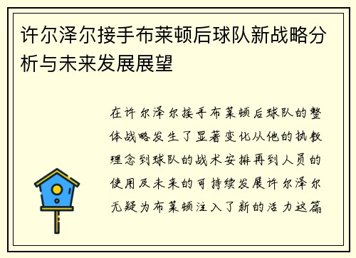 许尔泽尔接手布莱顿后球队新战略分析与未来发展展望 许尔泽尔接手布莱顿后球队新战略分析与未来发展展望